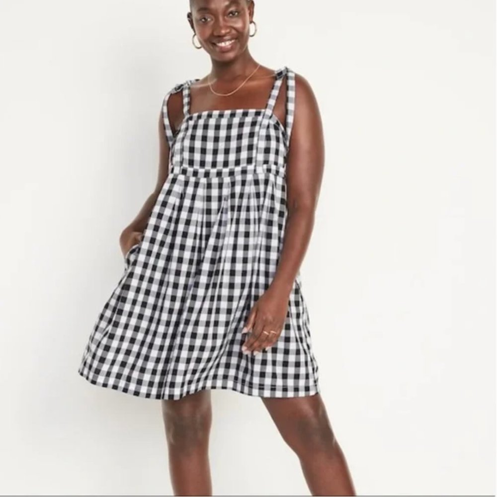 Old Navy | Tie-Shoulder Gingham Mini Babydoll Swing Dress, S